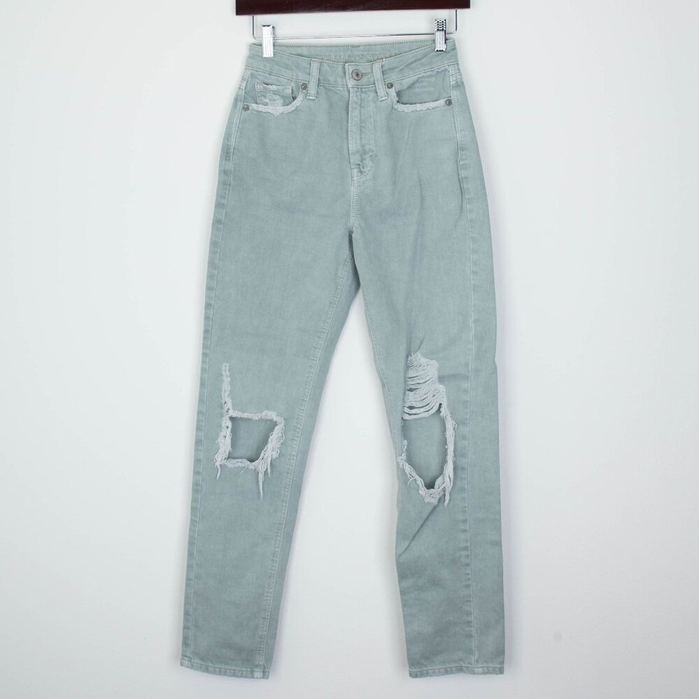 American Eagle Womens‎ Mom Straight Jeans Size 00 Long Green Distressed Grunge